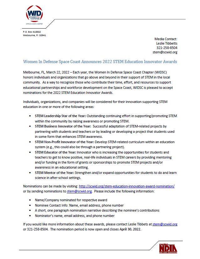 WID innovator awards Public Relations news release written on a WID letterhead.