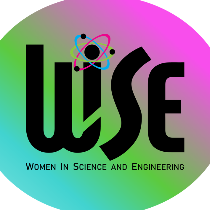 WISE Logo with Women in Science and Engineering written in black at the bottom. Pink, green, and blue are blended together in the background.