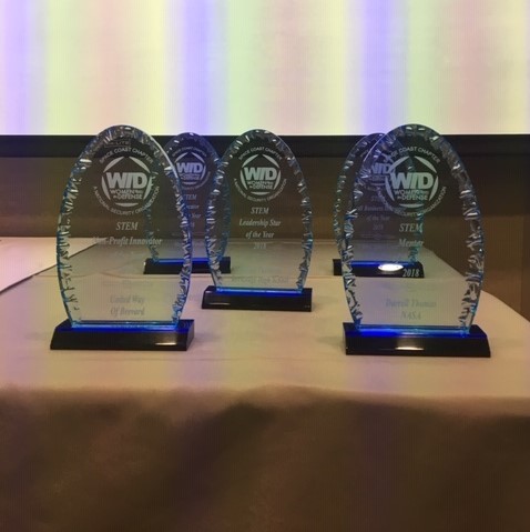 2018 STEM Educator Innovator trophies sitting on a table.